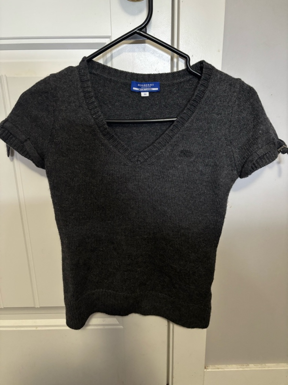 Burberry London Charcoal Knit V-Neck Short Sleeve blouse
